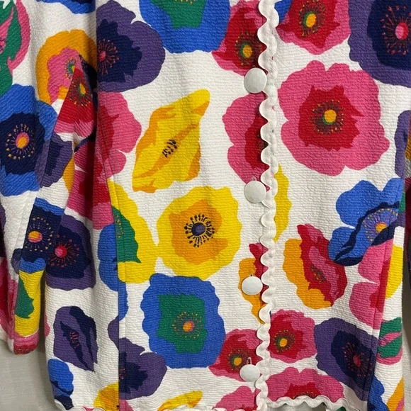 VTG 90’s White Rainbow Floral Print Textured ZigZag Trim Lightweight Shacket - Picture 2 of 4